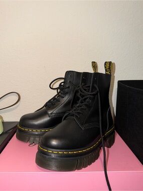 Dr. Martens Black Leather Platform Combat Boots with Yellow Stitching
